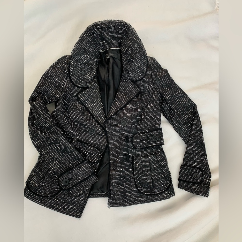 Anne Klein Black and White Tweed belted Blazer with Silver thread. Girl Bosses